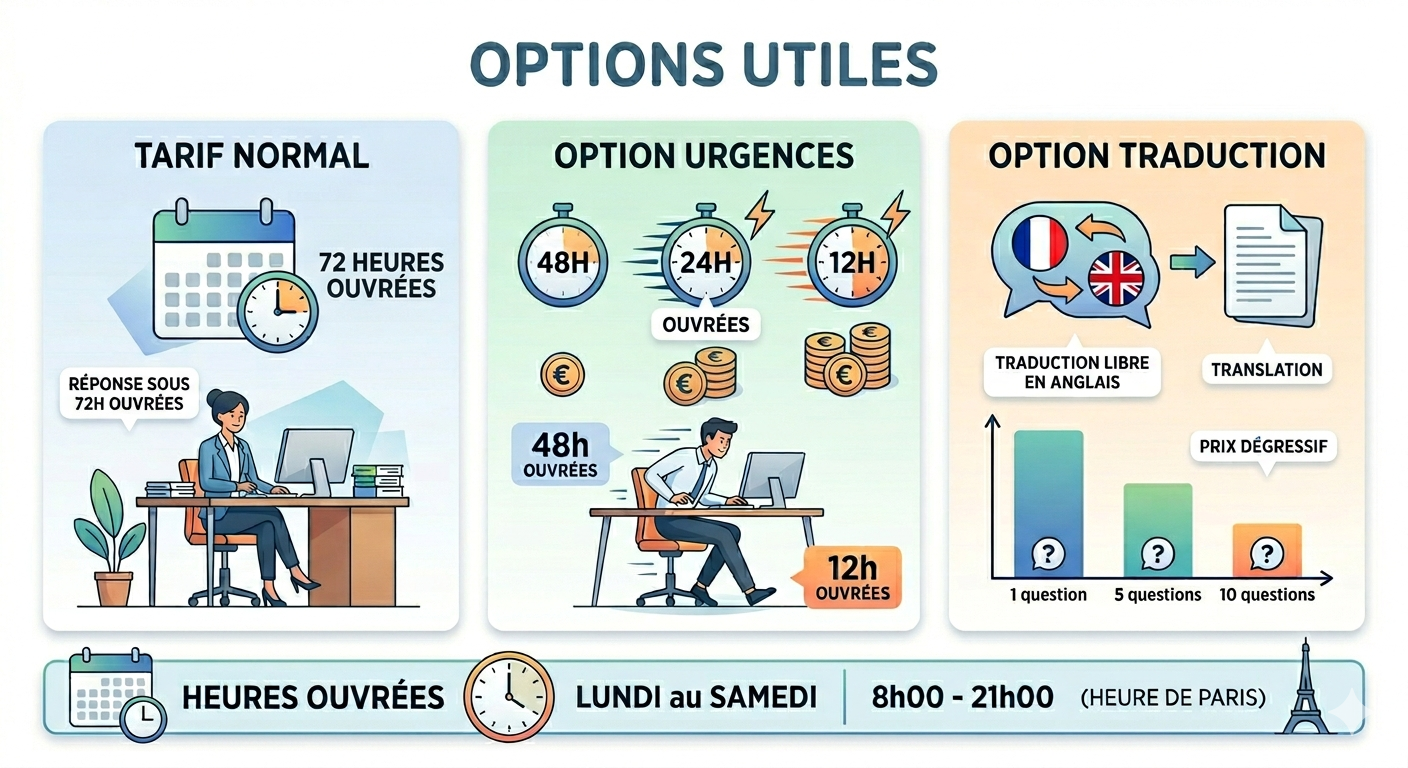 Illustration des options utiles : tarif normal sous 72 heures ouvr&eacute;es, options d'urgence sous 48h, 24h ou 12h ouvr&eacute;es, et traduction libre en anglais avec tarification d&eacute;gressive.